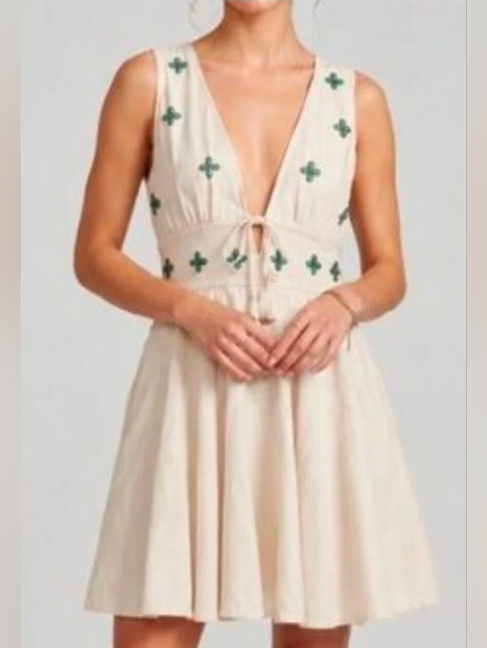 House of Harlow 1960 Cream Linen Blend Embellished Mini Dress NWT Size 6 Pockets